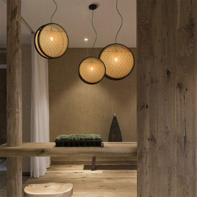 Beige Circle Rattan Hanging Ceiling Light